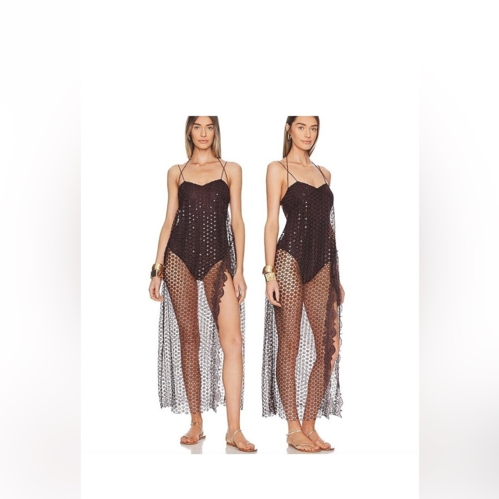 Free People Brown Crochet Asymmetrical Beach Cover Up Dress Boho Resort Small